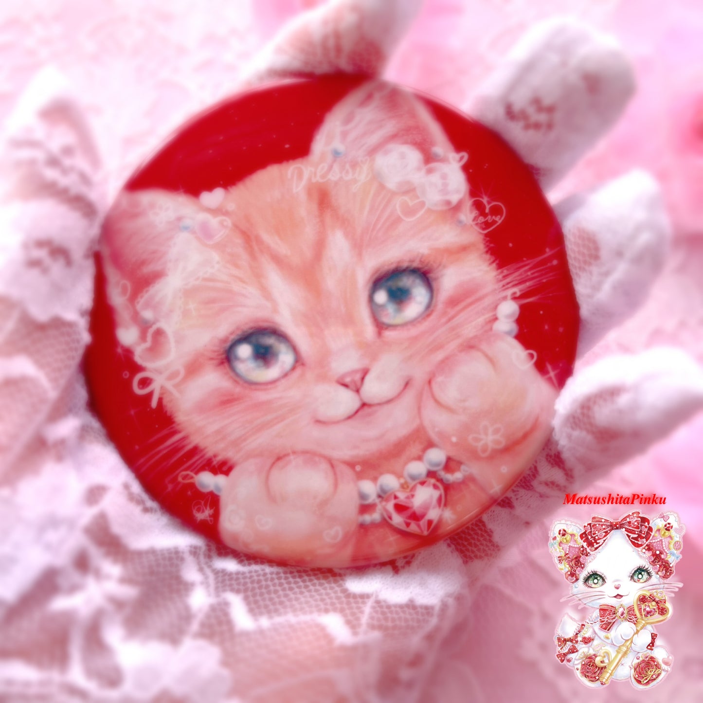 お姫様のたしなみ?鏡をのぞく猫ちゃん?(丸型ミラー)/イラストレーター松下ぴんく