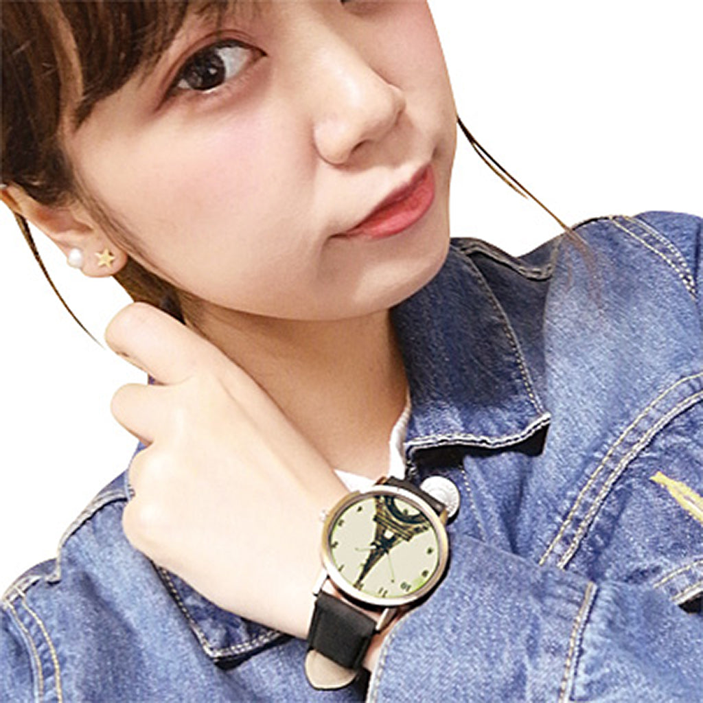 黒/エッフェル塔デザインアナログ腕時計