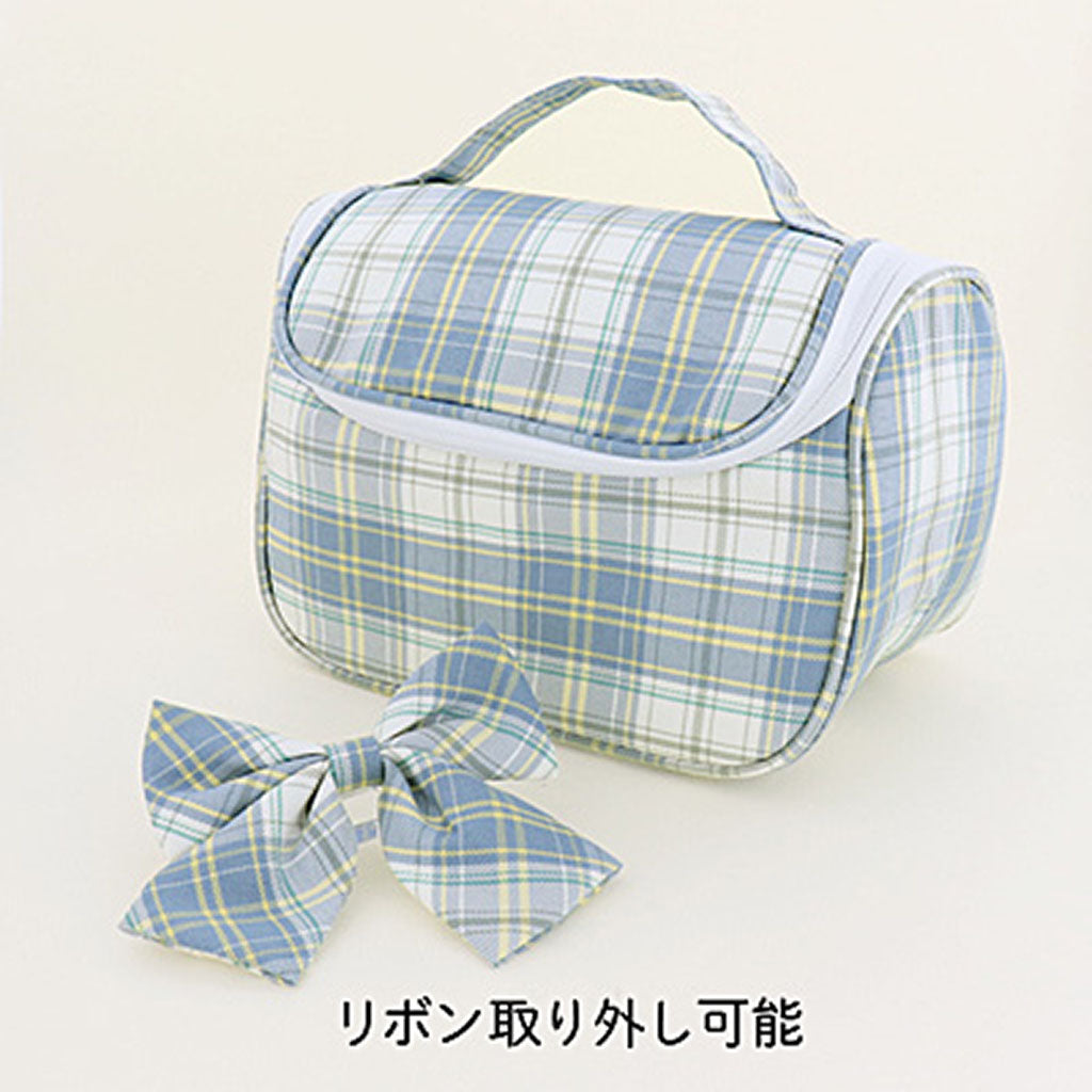 ライトブルー/持ち手付きチェック柄大容量ポーチ