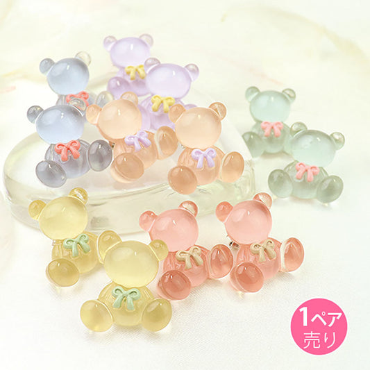 パステルクリア/リボン付きクマのイヤリング/1ペア売り