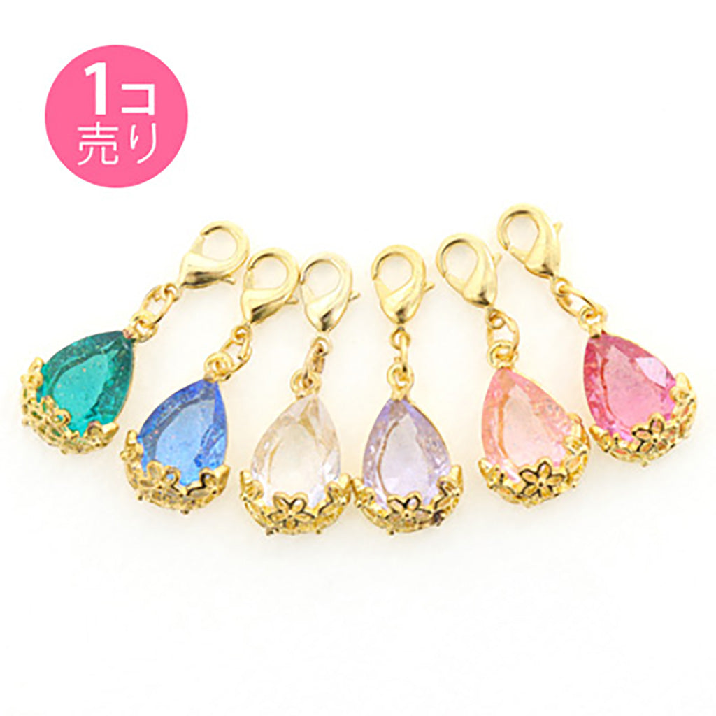 ゴールドカラー/ラメ入りしずく型ストーンジッパーチャーム/1個売り