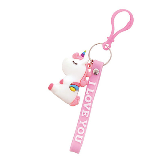 白&ピンク/ユニコーンとラバーチャーム付きキーホルダー