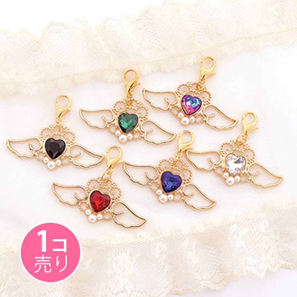ハートストーン&パール付き天使の羽風ジッパーチャーム/1個売り