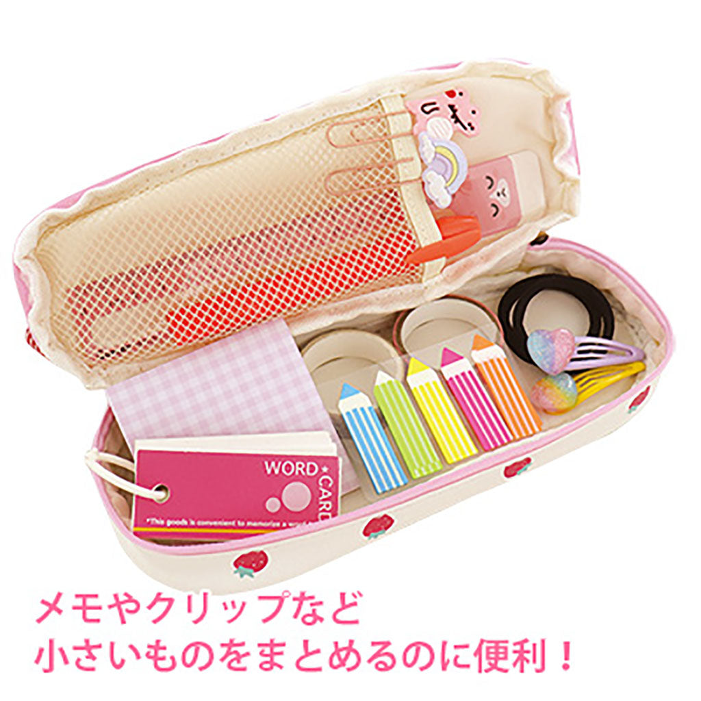 白色/チェックリボン付きいちご柄大容量ペンポーチ