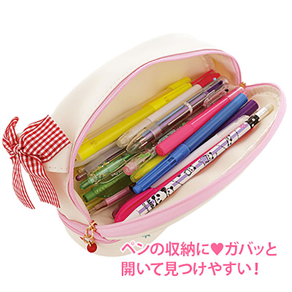 白色/チェックリボン付きいちご柄大容量ペンポーチ