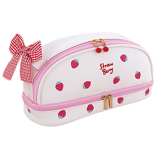 白色/チェックリボン付きいちご柄大容量ペンポーチ