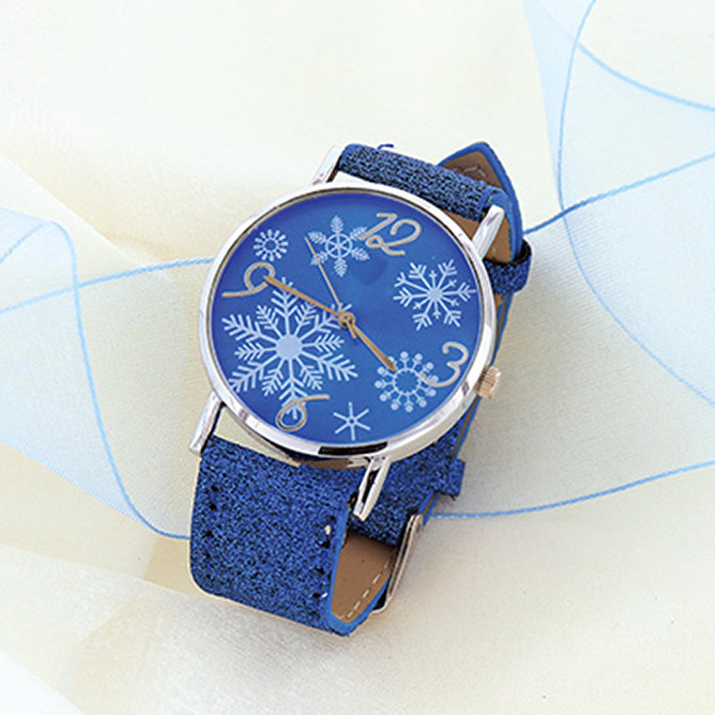 青/キラキラグリッターベルトの雪結晶モチーフ腕時計