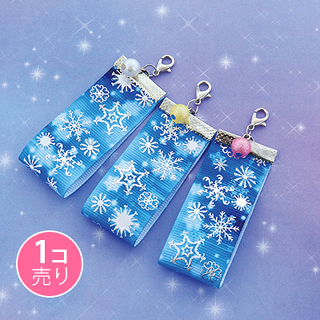 青系/パール付き雪模様グラデーションリボンジッパーチャーム/1個売り