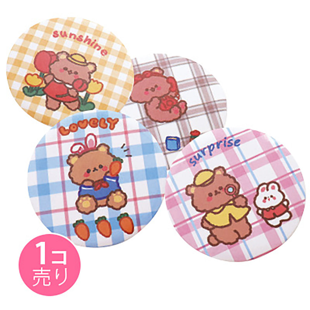 チェック&クマ柄缶バッジ風ミラー/1個売り