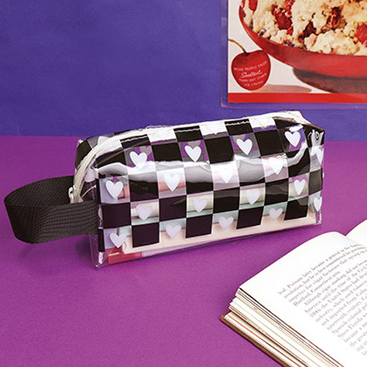 白&黒/ハート&ブロックチェック模様ペンポーチ