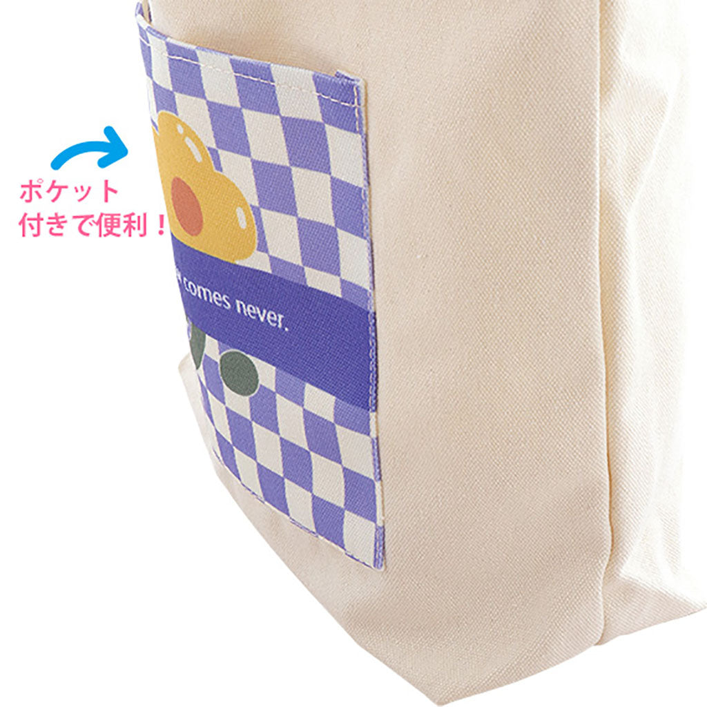 ポケット付きお花&ブロックチェック柄トートバッグ