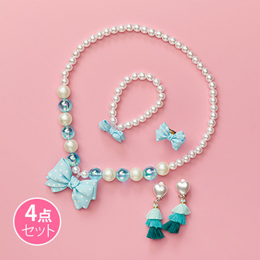 水色/パール&ドット柄リボンアクセサリー/4点セット
