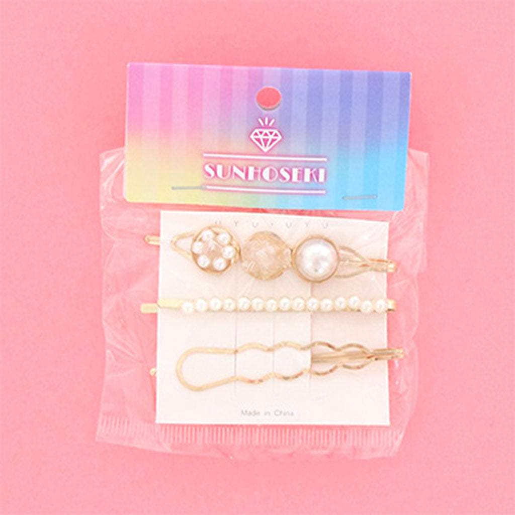 ホワイト系/パール&ストーンヘアピン/3本セット
