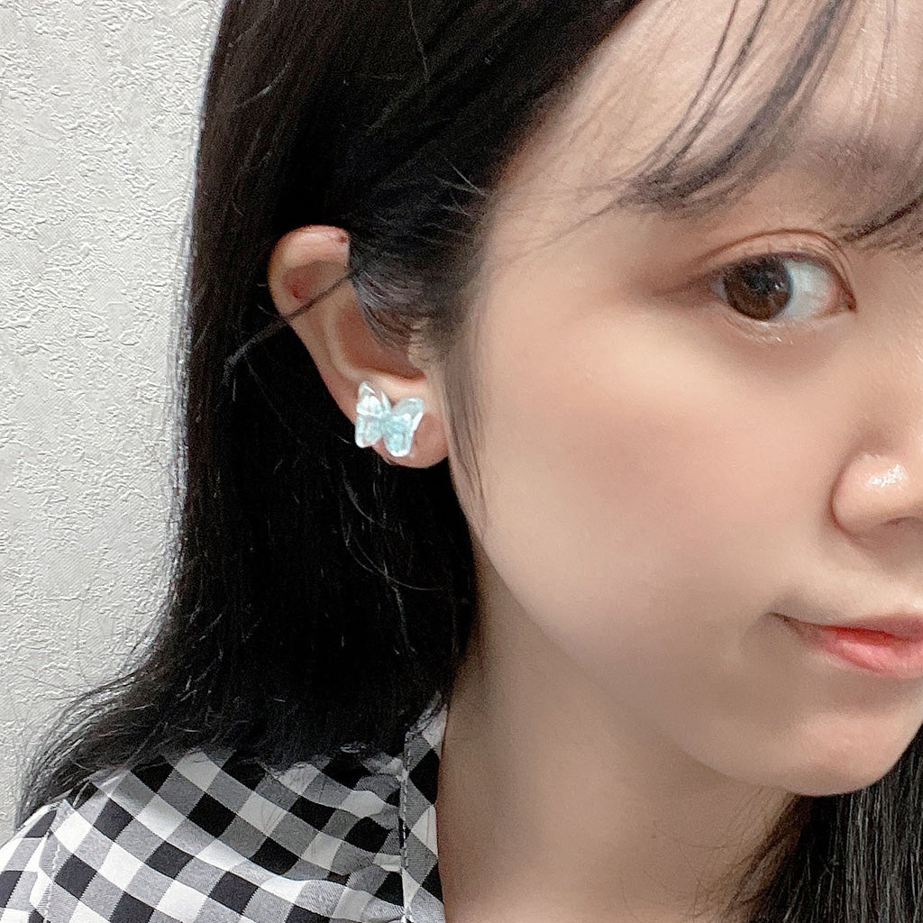 星のラメ入りパステルリボン樹脂イヤリング/1ペア売り