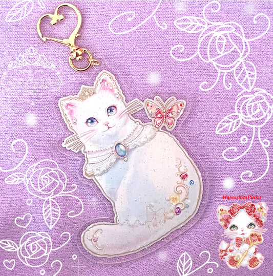 キラキラ夢とラメ降る お姫様のための特別な ハートのお守り宝石猫ちゃん (アクリルキーホルダー）／イラストレーター松下ぴんく