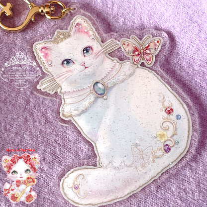 キラキラ夢とラメ降る お姫様のための特別な ハートのお守り宝石猫ちゃん (アクリルキーホルダー）／イラストレーター松下ぴんく