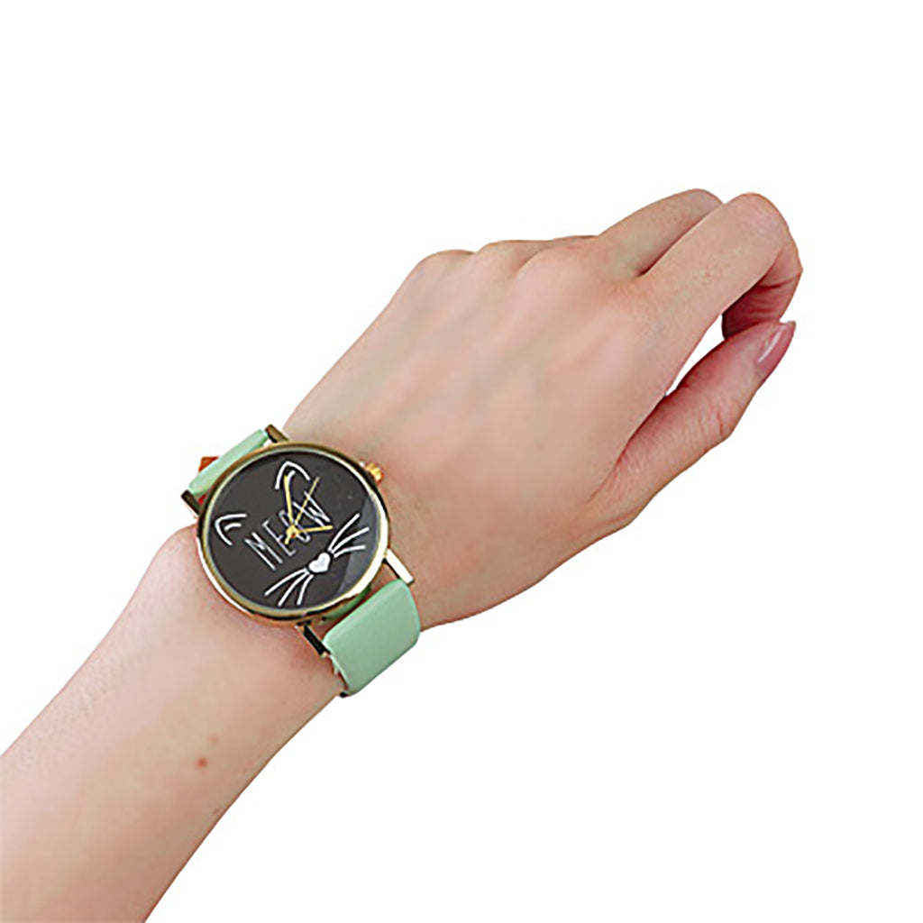 ミント／ネコフェイスデザインの腕時計