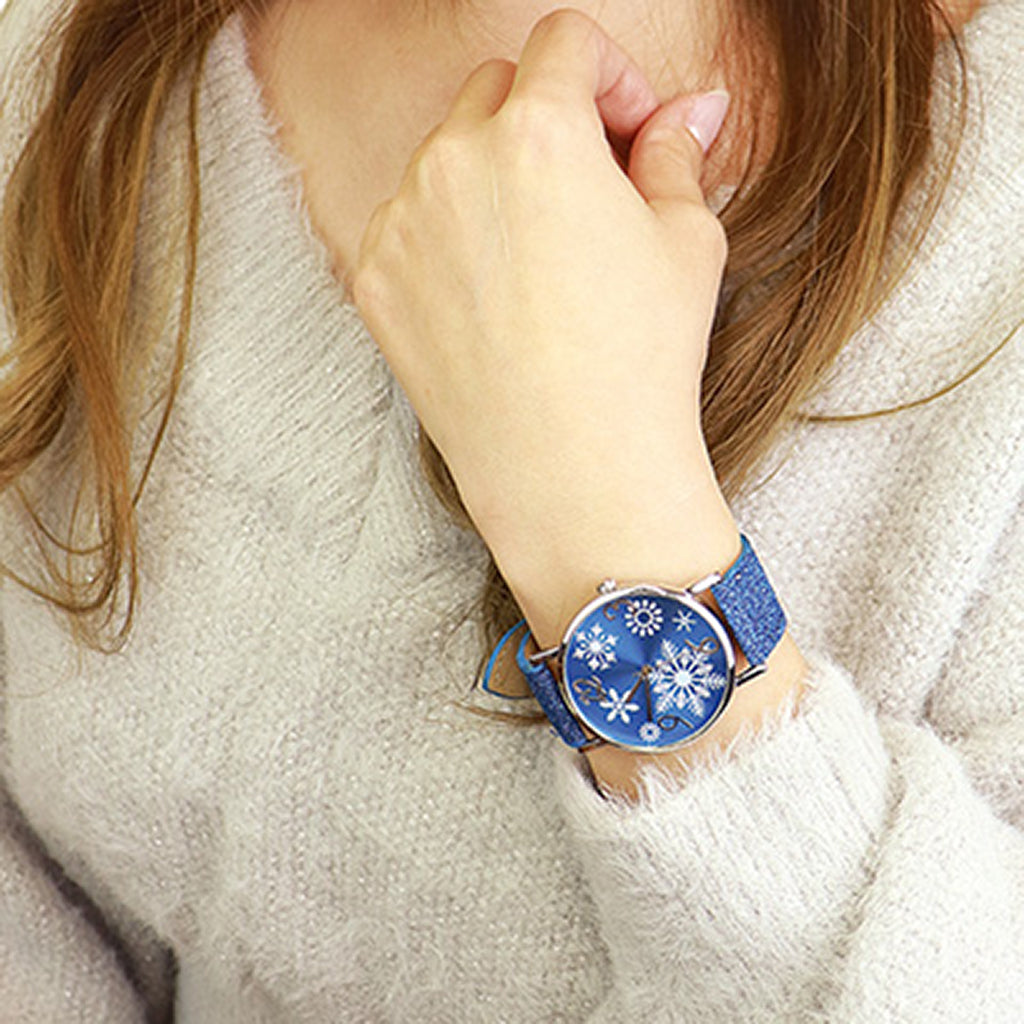青／キラキラグリッターベルトの雪結晶モチーフ腕時計