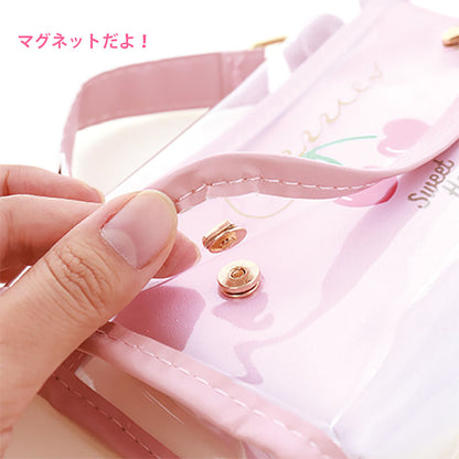 ピンク／さくらんぼロゴの持ち手付きペンポーチ