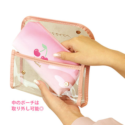 ピンク／さくらんぼロゴの持ち手付きペンポーチ