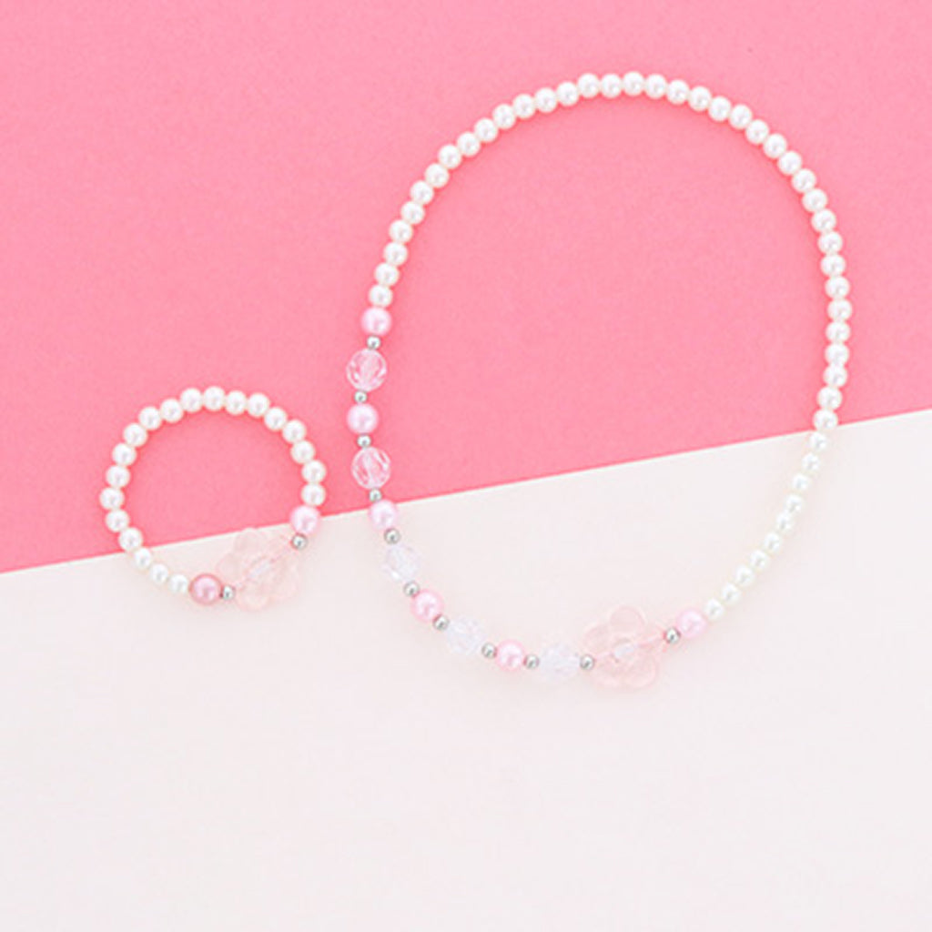 ピンク／お花＆パールビーズネックレス＆ブレスレットセット